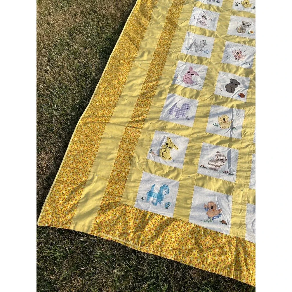 Vintage Homemade Patchwork Quilt Artistic Animals Yellow Unique Cute 70 x 80 in.